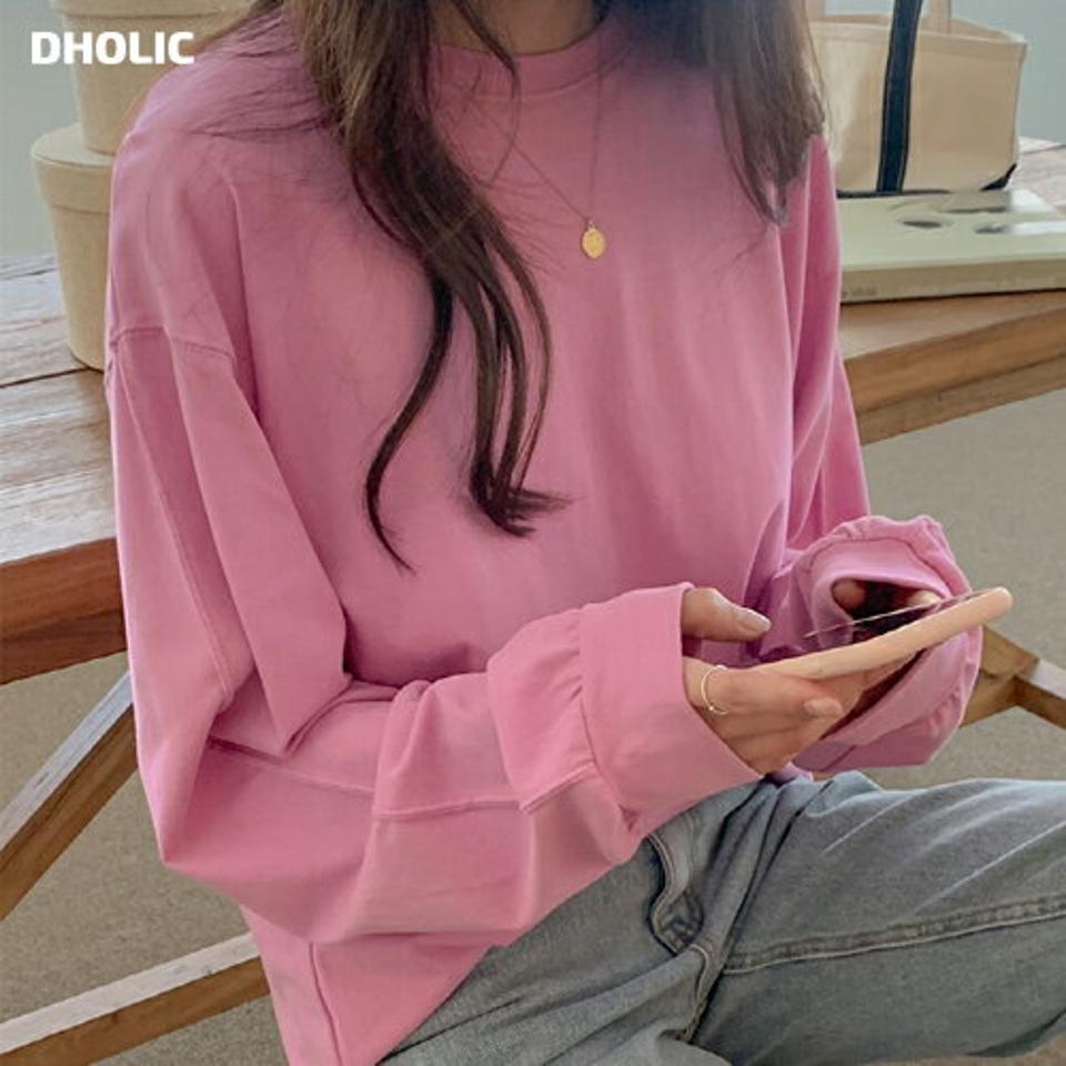 ラウンドネックコットン長袖Tシャツ・p000743 レディース 【tops】トップス Tシャツ 長袖 ロンT ラウンドネック 単色 無地 シンプル ベーシック 大人 カジュアル ラフ ピンク ゆったり コットン 綿 秋 冬 韓国ファッション MKT