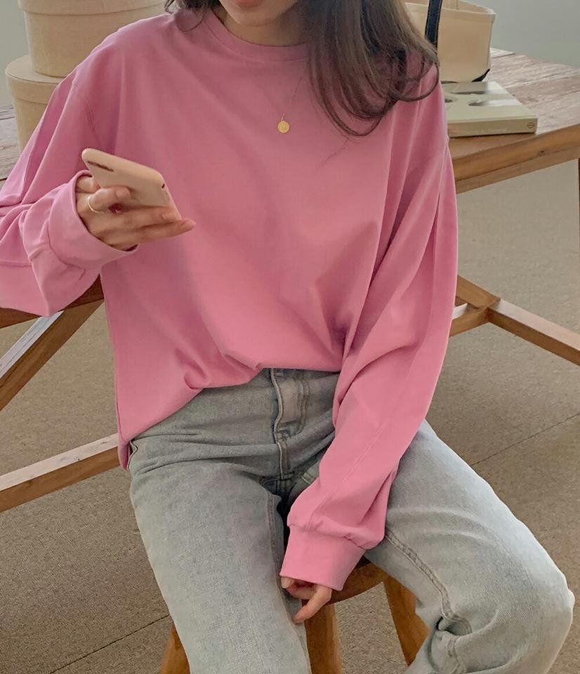 ラウンドネックコットン長袖Tシャツ・p000743 レディース 【tops】トップス Tシャツ 長袖 ロンT ラウンドネック 単色 無地 シンプル ベーシック 大人 カジュアル ラフ ピンク ゆったり コットン 綿 秋 冬 韓国ファッション MKT