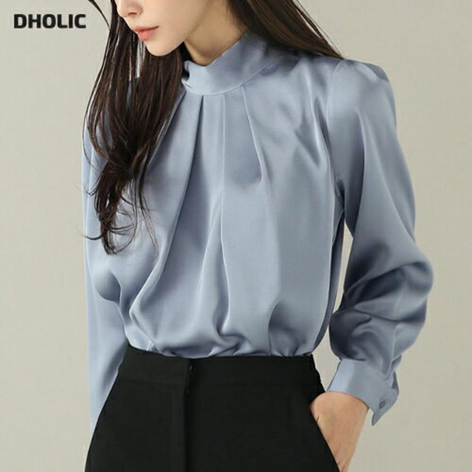 ネックリボンサテンブラウス・b00211 レディース 【bl】トップス ブラウス 長袖 サテン ツヤ 光沢 りぼん ハーフネック タック パフスリーブ 青 水色 ブルー 単色 無地 ベーシック きれいめ オケージョン オフィス 秋 冬 韓国ファッション