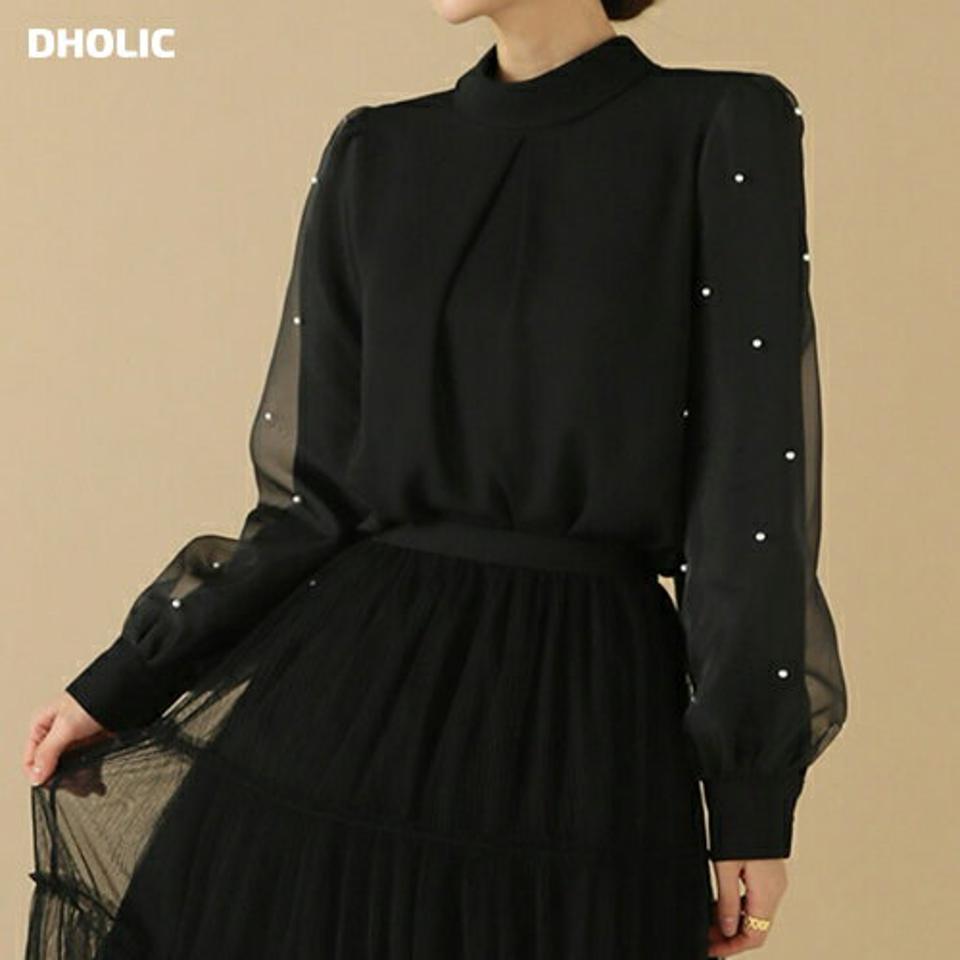 フェイクパールオーガンジーブラウス・b00212 レディース 【bl】トップス ブラウス 長袖 オーガンジー 透け感 シアー シースルー フェミニン パール きれいめ ハーフネック パフスリーブ ギャザー オフィス オケージョン 秋 冬 韓国ファッション