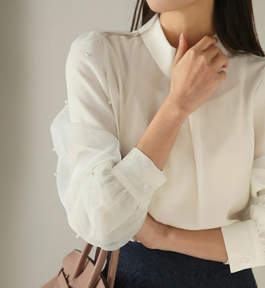 フェイクパールオーガンジーブラウス・b00212 レディース 【bl】トップス ブラウス 長袖 オーガンジー 透け感 シアー シースルー フェミニン パール きれいめ ハーフネック パフスリーブ ギャザー オフィス オケージョン 秋 冬 韓国ファッション