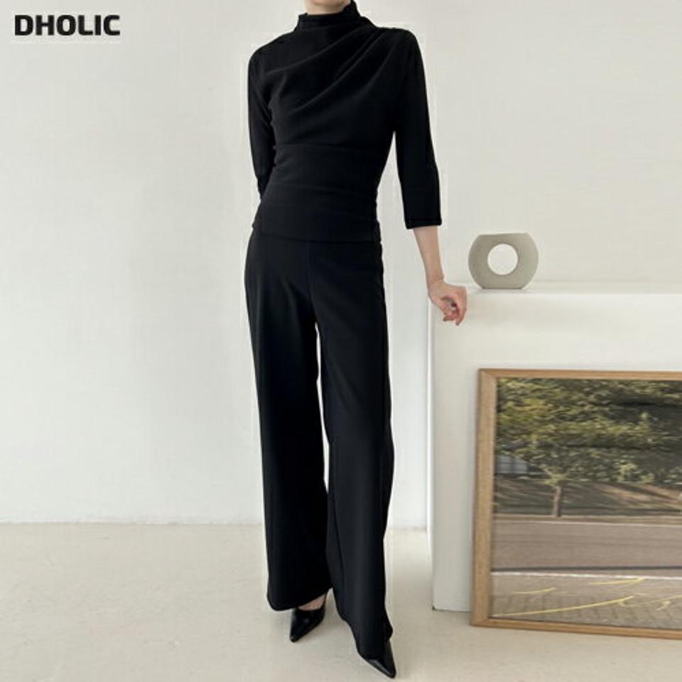 ハーフネック7分袖Tシャツ&ワイドパンツSET・p000671 レディース 【pt】セットアップ setup トップス Tシャツ 七分袖 七分丈 7分袖 7分丈 ハーフネック パンツ ズボン ロング 単色 無地 ベーシック カジュアル 秋 冬 韓国ファッション MKT