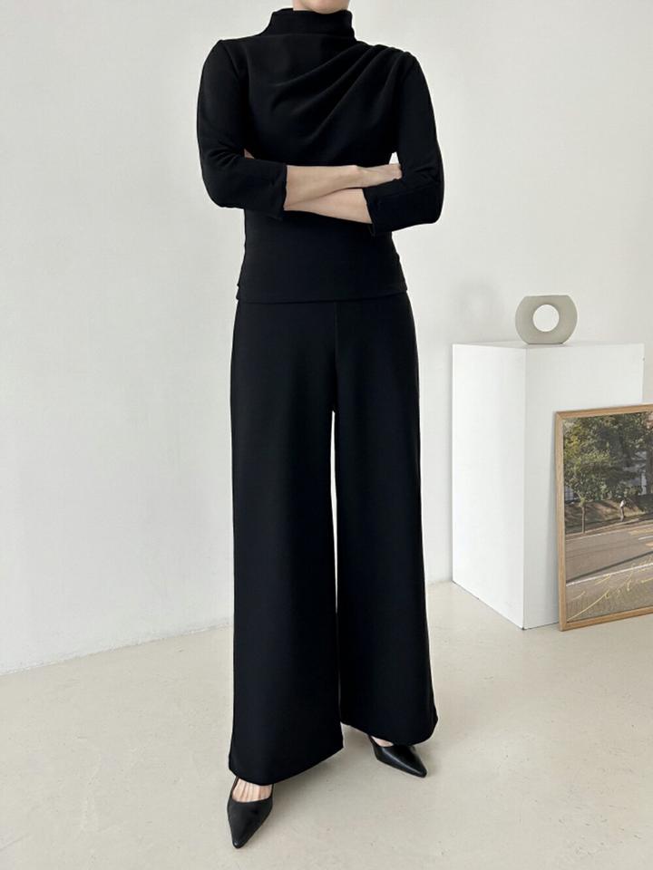 ハーフネック7分袖Tシャツ&ワイドパンツSET・p000671 レディース 【pt】セットアップ setup トップス Tシャツ 七分袖 七分丈 7分袖 7分丈 ハーフネック パンツ ズボン ロング 単色 無地 ベーシック カジュアル 秋 冬 韓国ファッション MKT