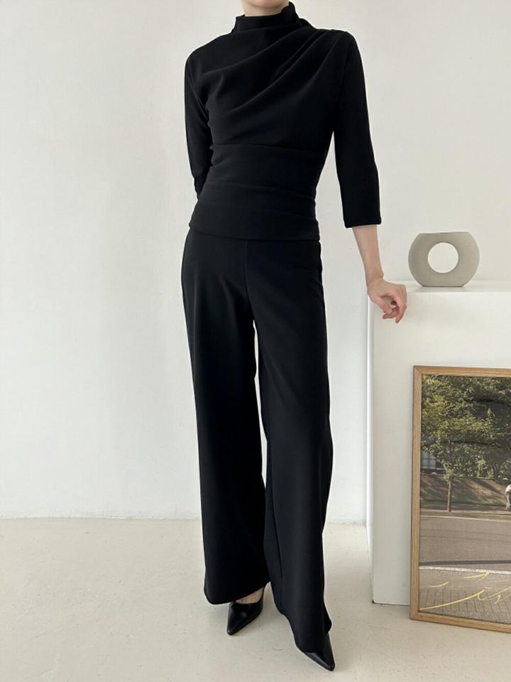 ハーフネック7分袖Tシャツ&ワイドパンツSET・p000671 レディース 【pt】セットアップ setup トップス Tシャツ 七分袖 七分丈 7分袖 7分丈 ハーフネック パンツ ズボン ロング 単色 無地 ベーシック カジュアル 秋 冬 韓国ファッション MKT