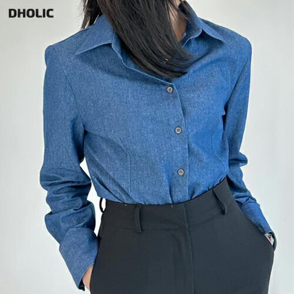 【マケット特価】ダーツデニムシャツ・p000777 レディース 【bl】ブラウス トップス 長袖 襟 えり 単色 無地 シンプル ベーシック デニム ダーツ 青 ブルー 秋 冬 カジュアル ラフ 韓国ファッション MKT セール