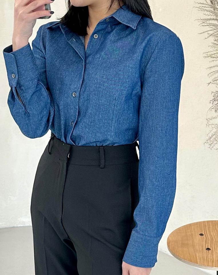 【マケット特価】ダーツデニムシャツ・p000777 レディース 【bl】ブラウス トップス 長袖 襟 えり 単色 無地 シンプル ベーシック デニム ダーツ 青 ブルー 秋 冬 カジュアル ラフ 韓国ファッション MKT セール