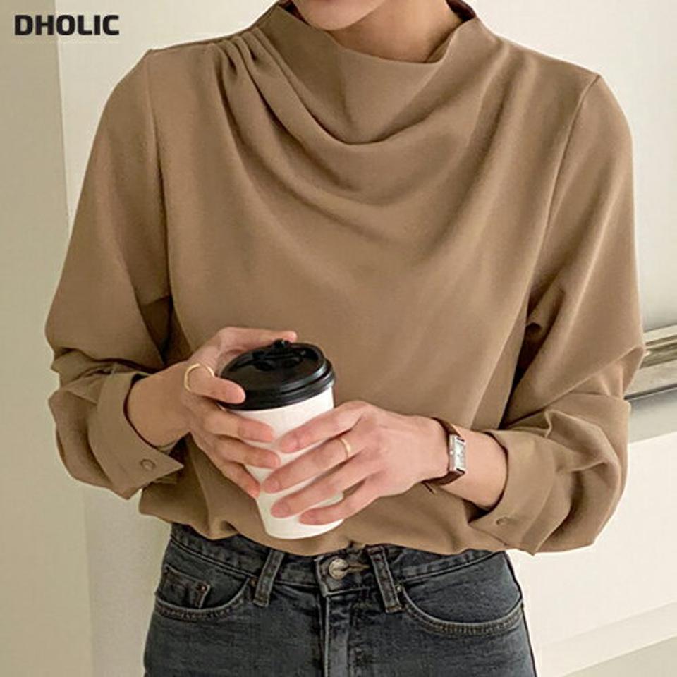 ドレープハーフネックブラウス・t00203 レディース 【bl】トップス ブラウス 長袖 ハーフネック ドレープ 大人 単色 かわいい 可愛い 上品 きれいめ オフィス リボン パフスリーブ 無地 フェミニン 秋 冬 韓国ファッション