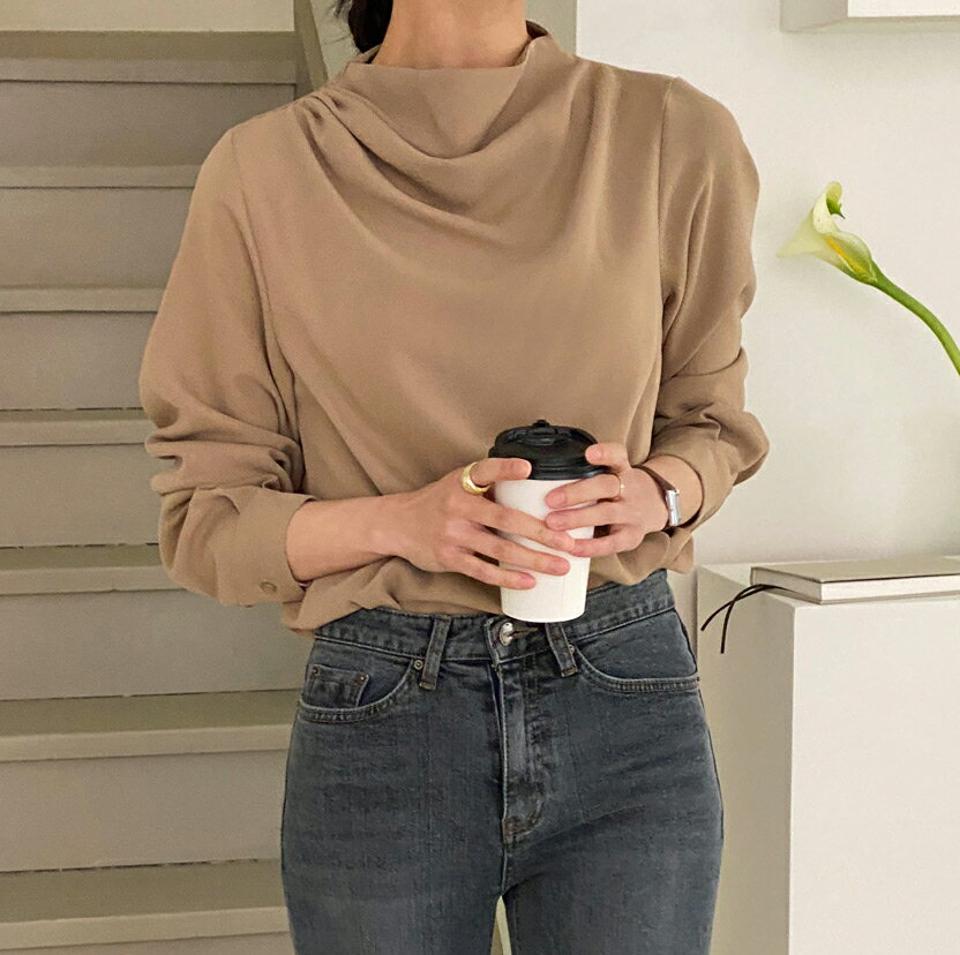 ドレープハーフネックブラウス・t00203 レディース 【bl】トップス ブラウス 長袖 ハーフネック ドレープ 大人 単色 かわいい 可愛い 上品 きれいめ オフィス リボン パフスリーブ 無地 フェミニン 秋 冬 韓国ファッション