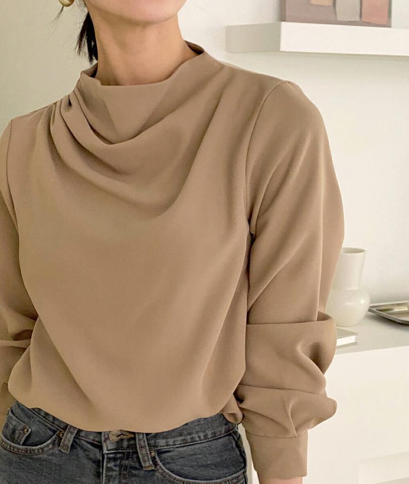 ドレープハーフネックブラウス・t00203 レディース 【bl】トップス ブラウス 長袖 ハーフネック ドレープ 大人 単色 かわいい 可愛い 上品 きれいめ オフィス リボン パフスリーブ 無地 フェミニン 秋 冬 韓国ファッション