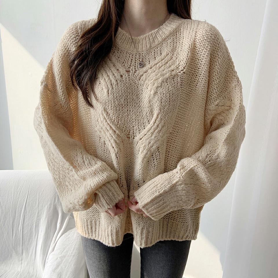 ラウンドネックツイストニット・p000781 レディース 【tops】トップス 長袖 ニット 単色 無地 シンプル ベーシック ツイスト ラウンドネック 秋 冬 カジュアル ラフ ドロップショルダー ルーズ 韓国ファッション MKT
