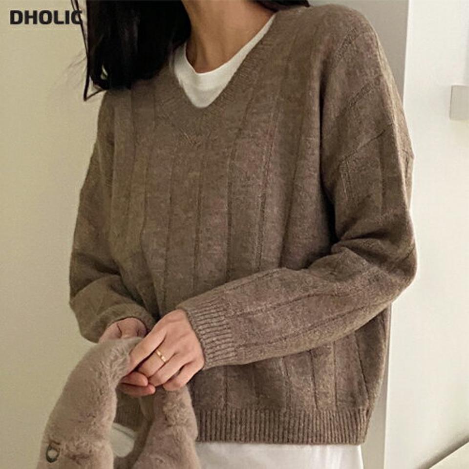 Vネックメランジリブニット・t00232 レディース 【tops】トップス ニット 長袖 Vネック メランジ リブ 単色 ドロップショルダー シンプル 大人 カジュアル 可愛い かわいい 秋 冬 韓国ファッション