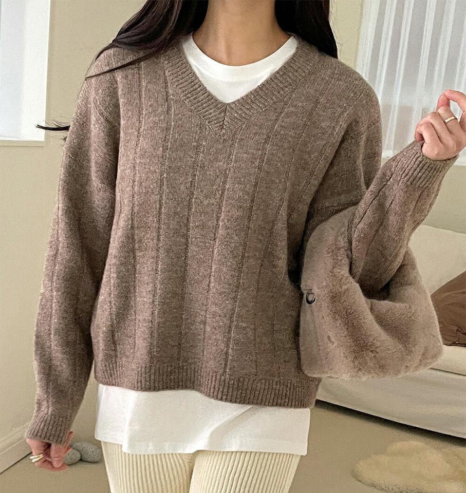 Vネックメランジリブニット・t00232 レディース 【tops】トップス ニット 長袖 Vネック メランジ リブ 単色 ドロップショルダー シンプル 大人 カジュアル 可愛い かわいい 秋 冬 韓国ファッション