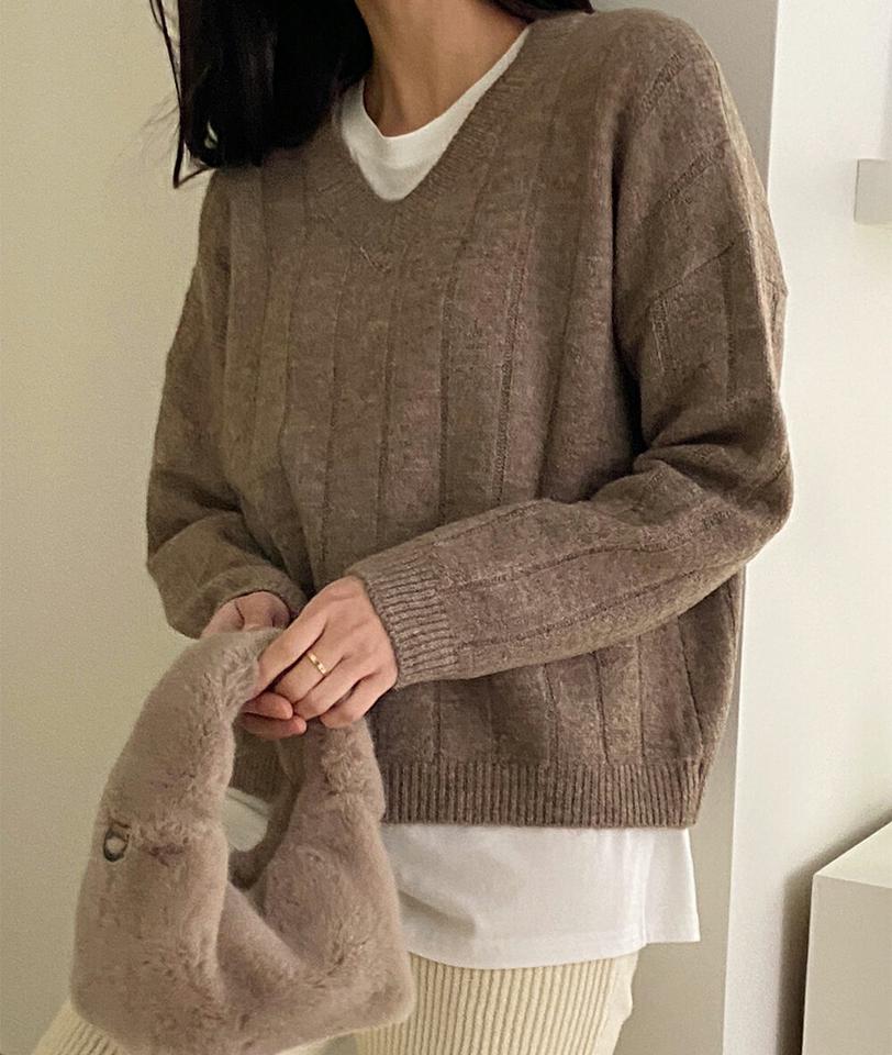 Vネックメランジリブニット・t00232 レディース 【tops】トップス ニット 長袖 Vネック メランジ リブ 単色 ドロップショルダー シンプル 大人 カジュアル 可愛い かわいい 秋 冬 韓国ファッション