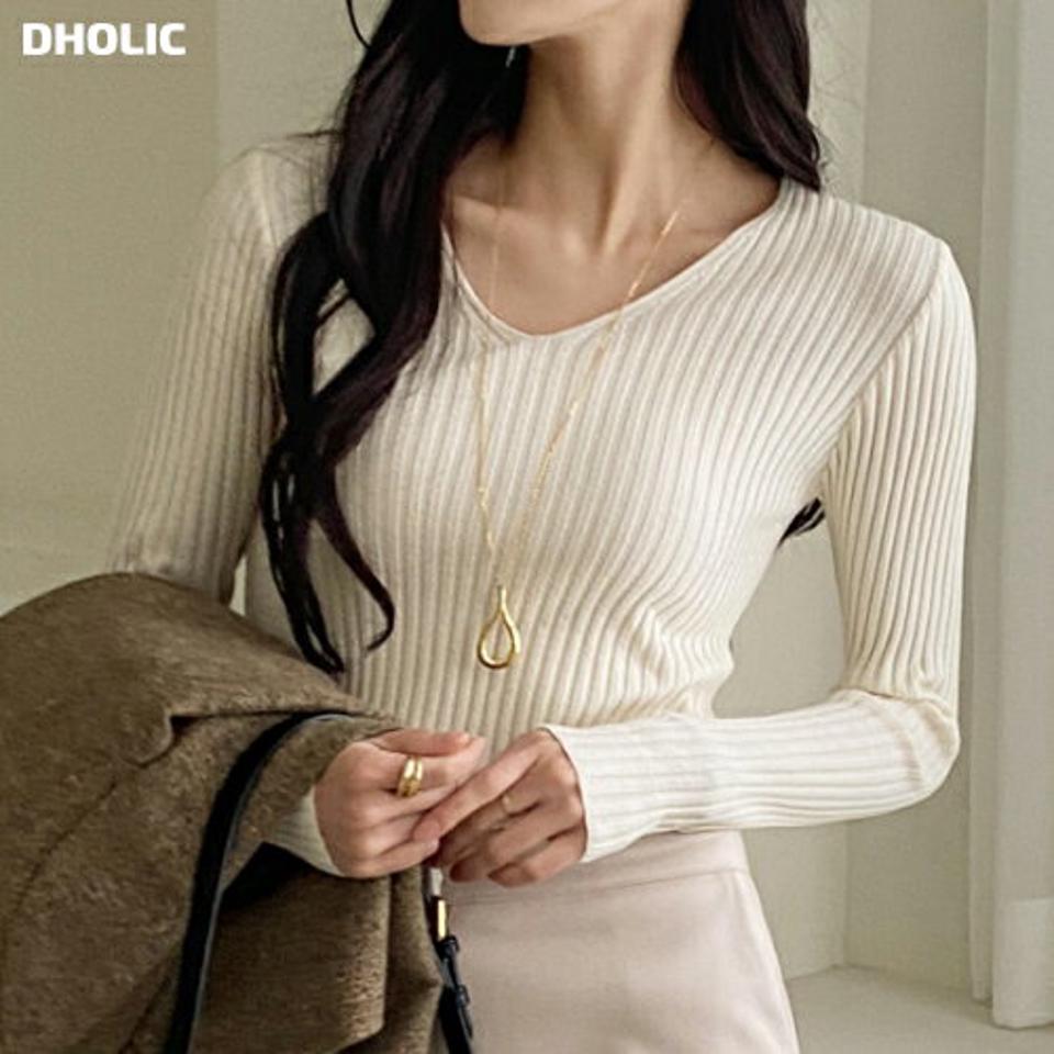 Vネックスリムリブニット・t00231 レディース 【tops】トップス ニット 長袖 Vネック スリム リブ 単色 シンプル ベーシック 大人 カジュアル 可愛い かわいい 秋 冬 韓国ファッション