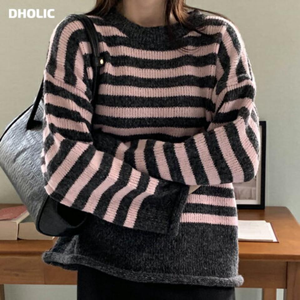 ロールヘム配色ボーダーニット・p000783 レディース 【tops】トップス ニット 長袖 柄 模様 ボーダー 配色 秋 冬 ロールヘム ドロップショルダー ルーズ ゆったり 楽ちん ラフ 韓国ファッション MKT