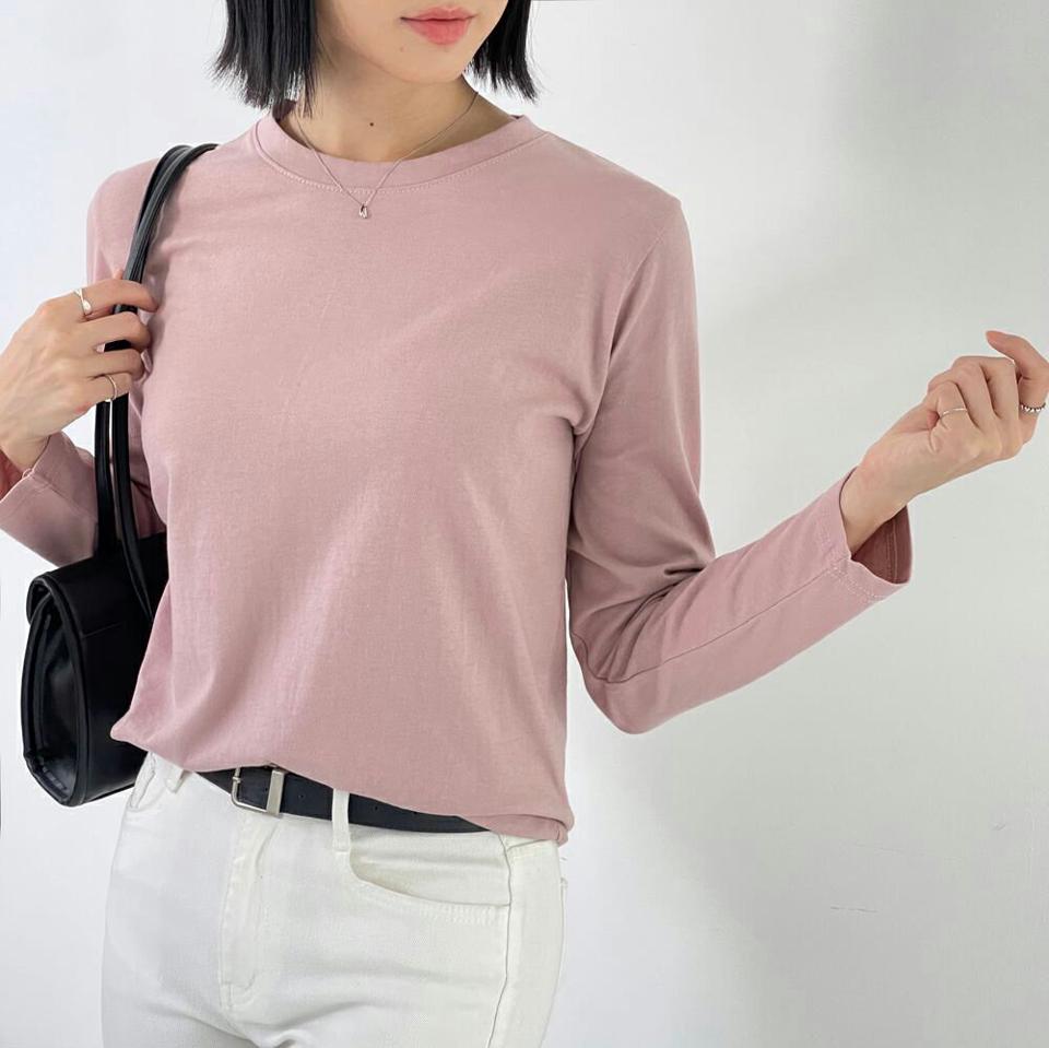ラウンドネック長袖Tシャツ・p000769 レディース 【tops】トップス Tシャツ 長袖 単色 無地 シンプル ベーシック ラウンドネック パステル 秋 冬 カジュアル ラフ くすみ ピンク 韓国ファッション MKT