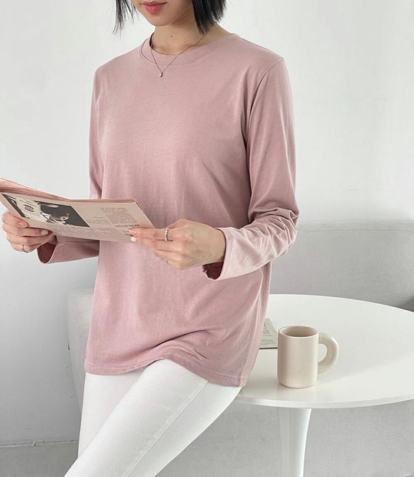 ラウンドネック長袖Tシャツ・p000769 レディース 【tops】トップス Tシャツ 長袖 単色 無地 シンプル ベーシック ラウンドネック パステル 秋 冬 カジュアル ラフ くすみ ピンク 韓国ファッション MKT