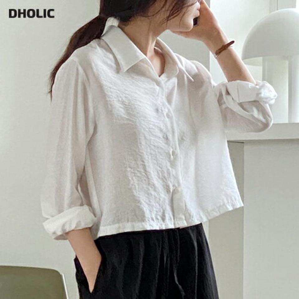 リンクルクロップドシャツ・p001018 レディース 【bl】トップス シャツ リンクル 襟 長袖 単色 無地 シンプル クロップド丈 ショート丈 きれいめ オフィス 大人 白 ホワイト 秋 冬 韓国ファッション MKT