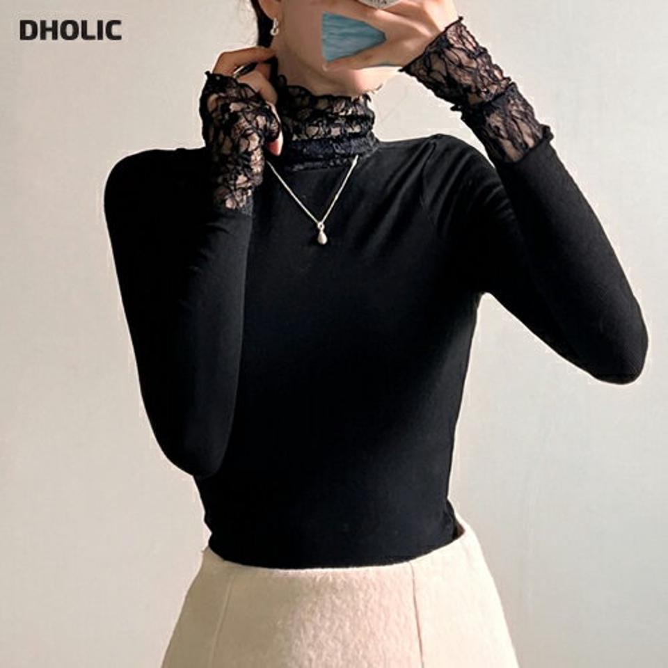 レースハイネック長袖Tシャツ・p000994 レディース 【tops】トップス Tシャツ 長袖 ハイネック レース 襟コン 袖コン 透け感 シアー シースルー 大人 きれいめ 上品 フェミニン 秋 冬 韓国ファッション MKT