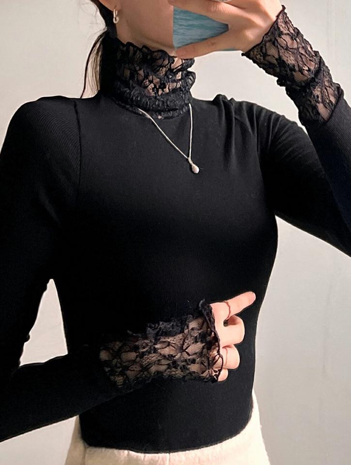 レースハイネック長袖Tシャツ・p000994 レディース 【tops】トップス Tシャツ 長袖 ハイネック レース 襟コン 袖コン 透け感 シアー シースルー 大人 きれいめ 上品 フェミニン 秋 冬 韓国ファッション MKT