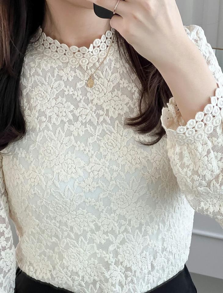 ローズレースブラウス・p001003 レディース 【bl】トップス ブラウス 長袖 総レース ローズ ばら バラ 花柄 モックネック ハーフネック フェミニン かわいい 可愛い 大人 きれいめ 上品 秋 冬 韓国ファッション MKT