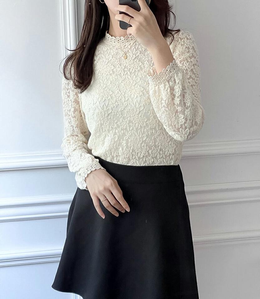 ローズレースブラウス・p001003 レディース 【bl】トップス ブラウス 長袖 総レース ローズ ばら バラ 花柄 モックネック ハーフネック フェミニン かわいい 可愛い 大人 きれいめ 上品 秋 冬 韓国ファッション MKT