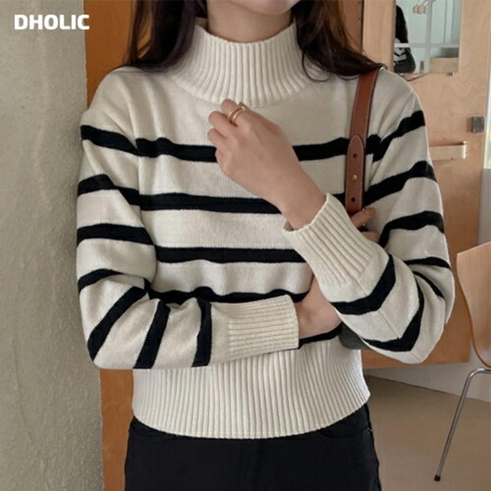 カシミヤ混ボーダーハーフネックニット・p000782 レディース 【tops】トップス ニット 長袖 ボーダー柄 ハーフネック カシミヤ カジュアル ラフ クロップド丈 ショート丈 大人 秋 冬 韓国ファッション MKT