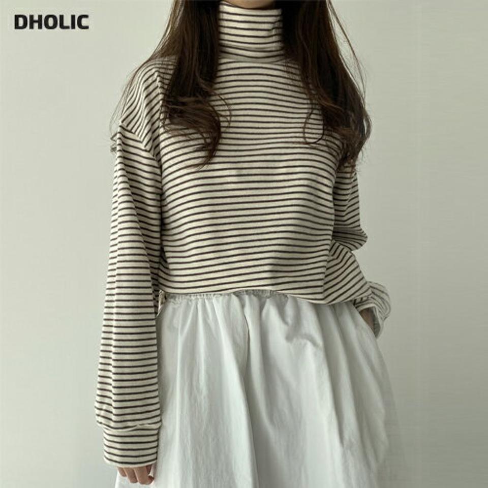 ピーチ起毛ボーダーコットン長袖Tシャツ・p000930 レディース 【tops】トップス Tシャツ 長袖 ロンT コットン 綿 ボーダー柄 起毛 ハイネック カジュアル ラフ 大人 秋 冬 韓国ファッション MKT
