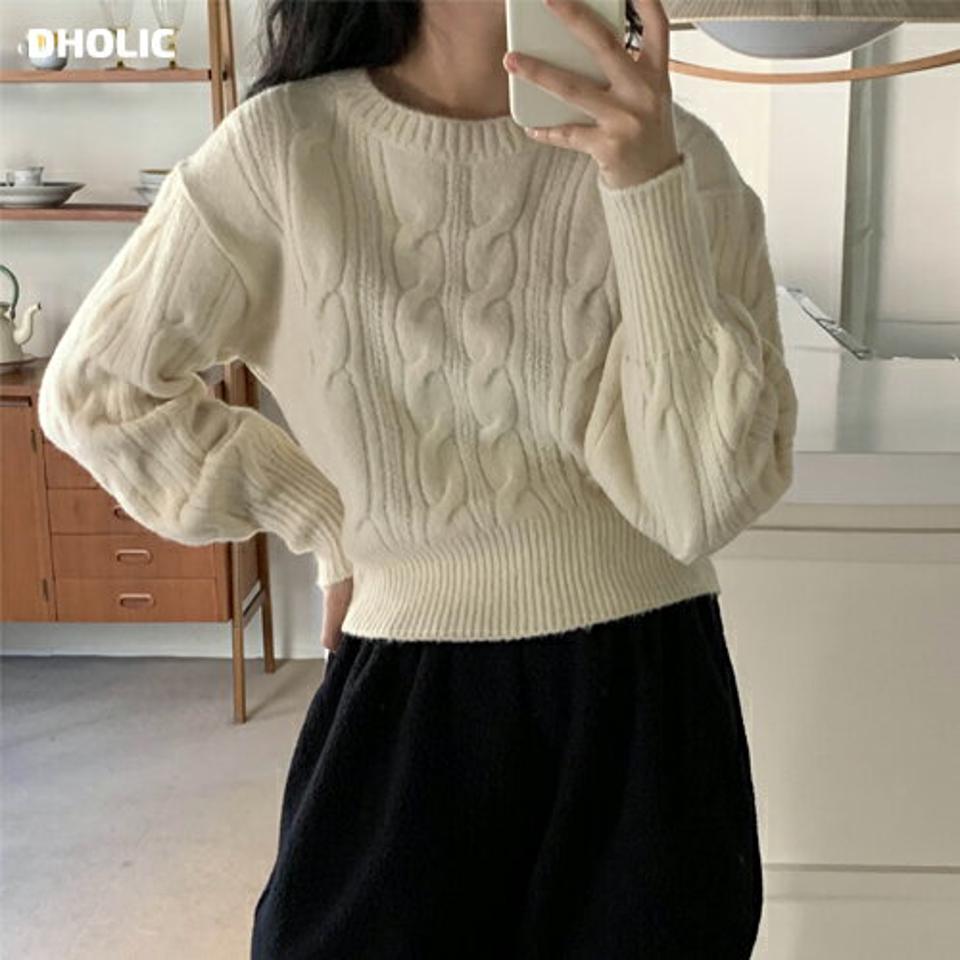 リブヘムクロップドケーブルニット・p000980 レディース 【tops】トップス ニット 長袖 ケーブル編み クロップド丈 ラウンドネック 単色 シンプル カジュアル ラフ 大人 ショート丈 白 秋 冬 韓国ファッション MKT