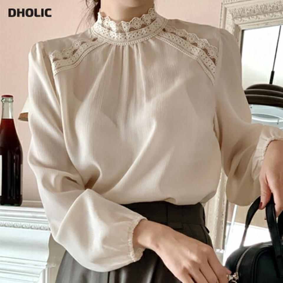 レースハーフネックブラウス・p000982 レディース 【bl】トップス ブラウス 長袖 ハーフネック レース 襟コン フェミニン シンプル 大人 きれいめ 上品 オフィス 秋 冬 韓国ファッション MKT