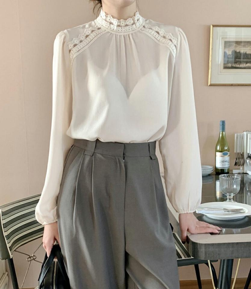 レースハーフネックブラウス・p000982 レディース 【bl】トップス ブラウス 長袖 ハーフネック レース 襟コン フェミニン シンプル 大人 きれいめ 上品 オフィス 秋 冬 韓国ファッション MKT