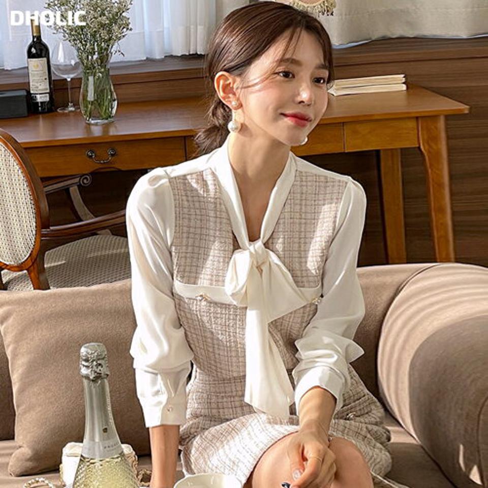 ツイード配色リボンブラウス・t00196 レディース 【bl】トップス ブラウス 長袖 りぼん 配色 ツイード きれいめ 高級感 上品 オケージョン オフィス Vネック パールボタン 大人 秋 冬 韓国ファッション