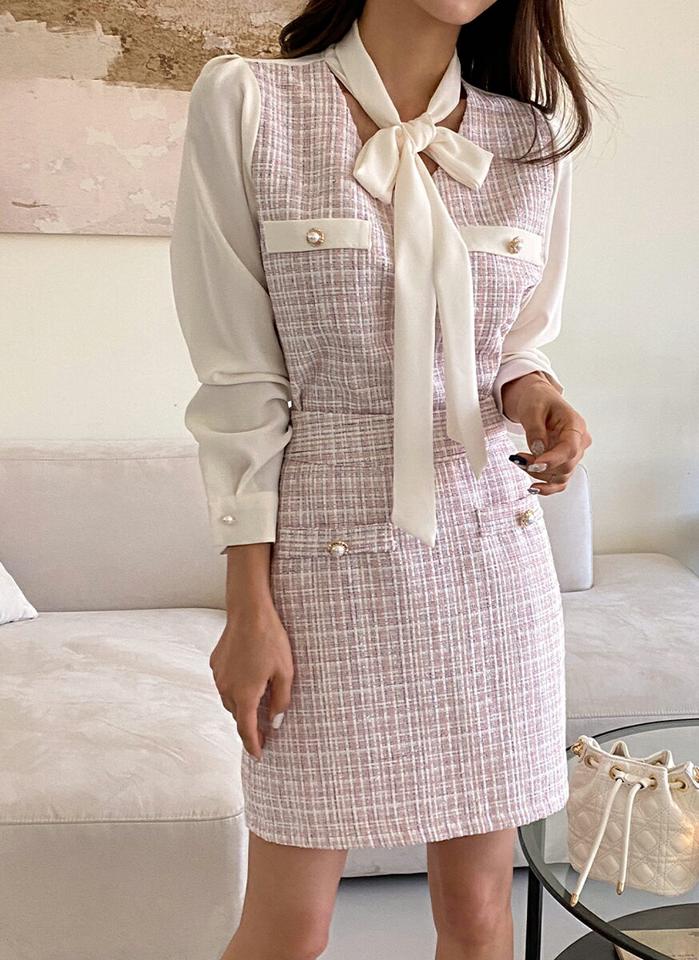 ツイード配色リボンブラウス・t00196 レディース 【bl】トップス ブラウス 長袖 りぼん 配色 ツイード きれいめ 高級感 上品 オケージョン オフィス Vネック パールボタン 大人 秋 冬 韓国ファッション