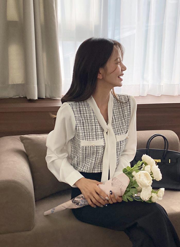 ツイード配色リボンブラウス・t00196 レディース 【bl】トップス ブラウス 長袖 りぼん 配色 ツイード きれいめ 高級感 上品 オケージョン オフィス Vネック パールボタン 大人 秋 冬 韓国ファッション