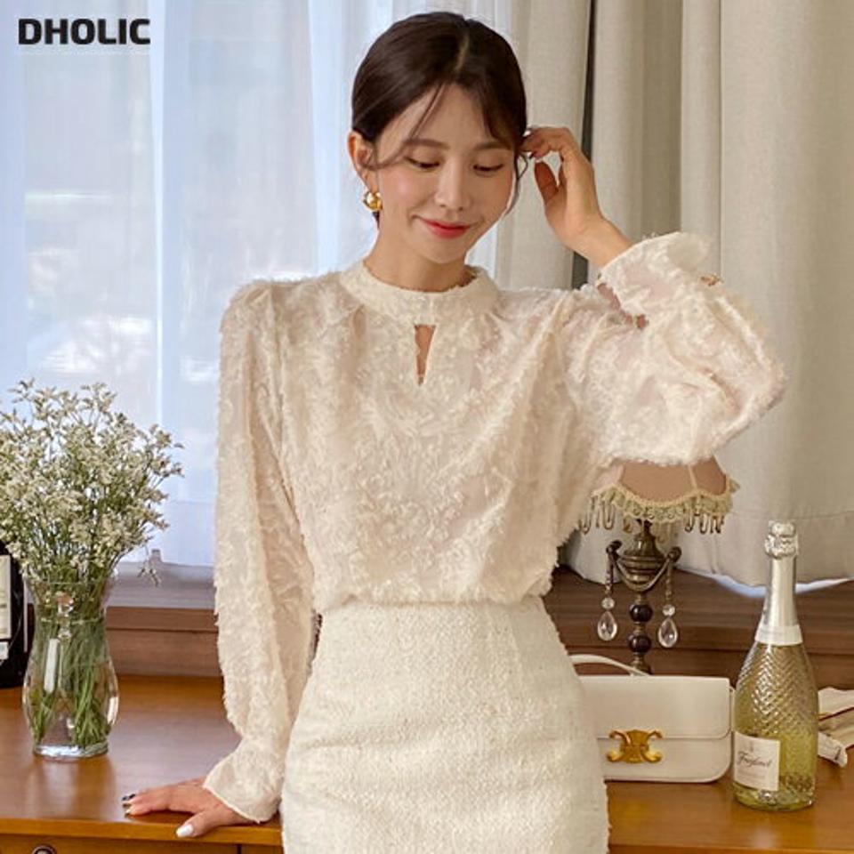 フェザー調スリットシアーブラウス・t00197 レディース 【bl】トップス ブラウス 長袖 スリット 透け感 シアー シースルー フェザー パフスリーブ かわいい 可愛い 大人 高級感 オフィス 秋 冬 韓国ファッション