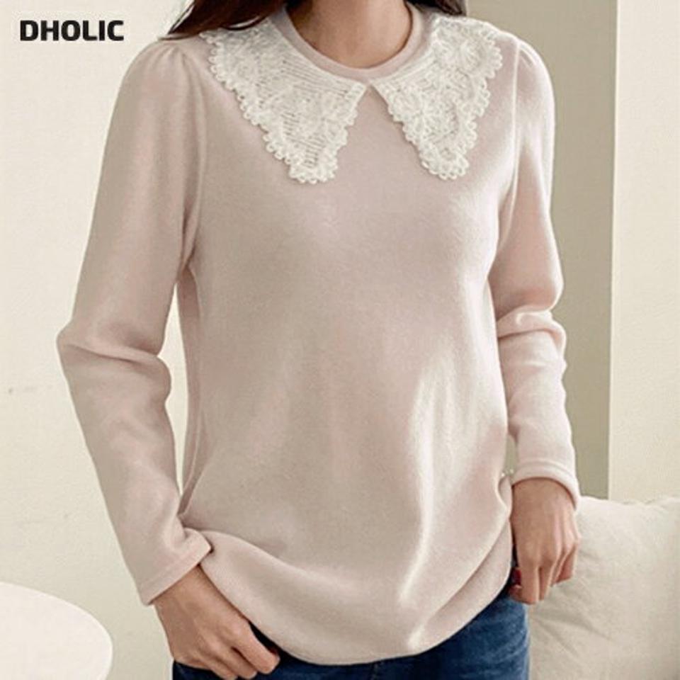 起毛フリルカラー長袖Tシャツ・p000857 レディース 【tops】トップス Tシャツ 長袖 襟コン フリル レース 起毛 かわいい 可愛い シンプル 大人 カジュアル 薄ピンク 秋 冬 韓国ファッション MKT