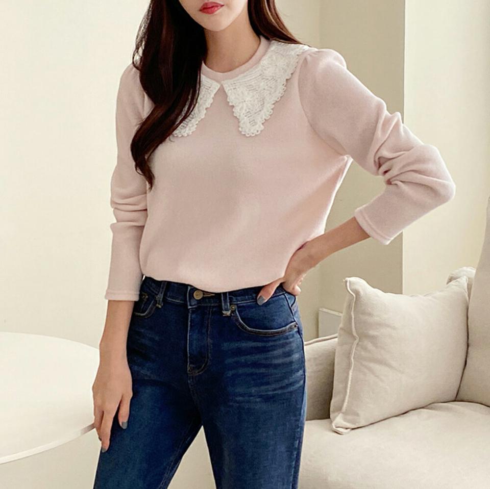 起毛フリルカラー長袖Tシャツ・p000857 レディース 【tops】トップス Tシャツ 長袖 襟コン フリル レース 起毛 かわいい 可愛い シンプル 大人 カジュアル 薄ピンク 秋 冬 韓国ファッション MKT