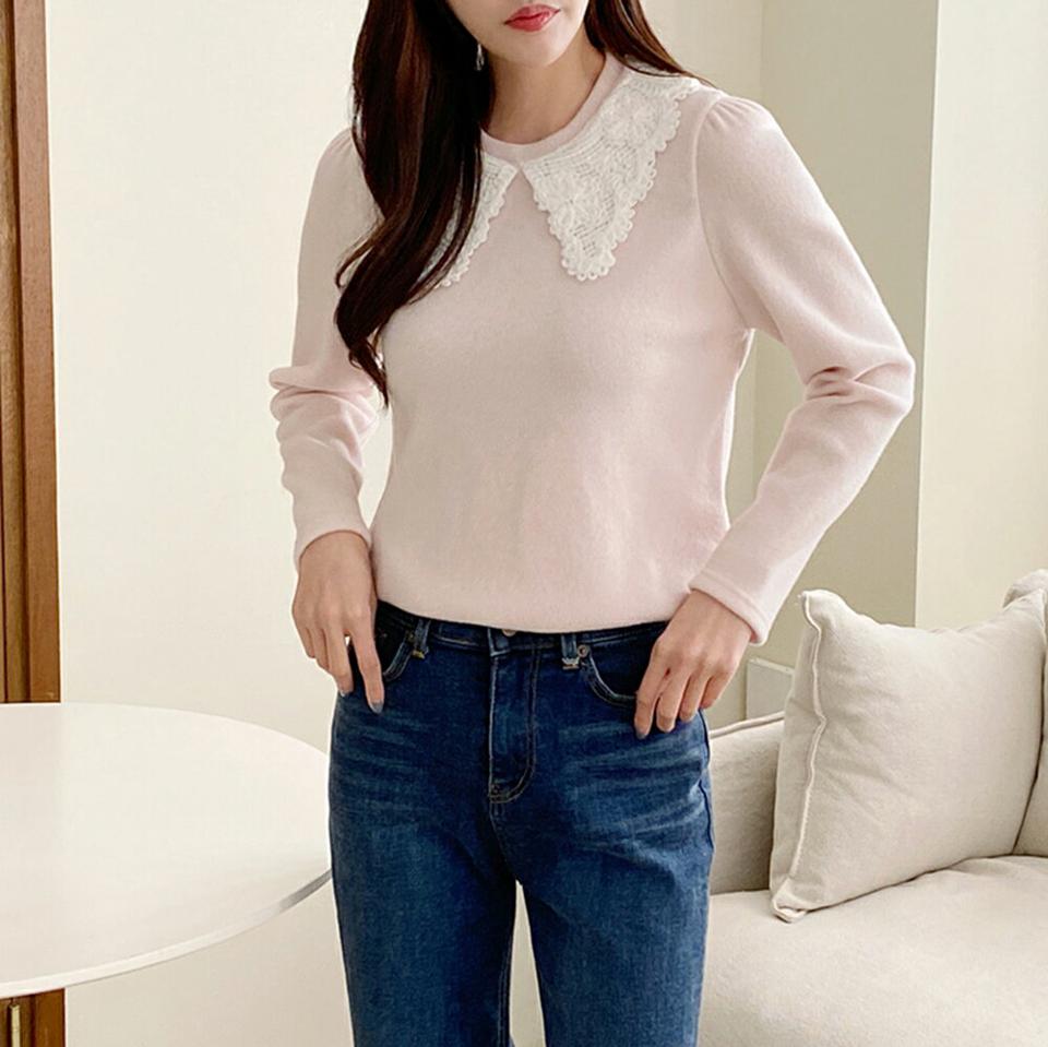 起毛フリルカラー長袖Tシャツ・p000857 レディース 【tops】トップス Tシャツ 長袖 襟コン フリル レース 起毛 かわいい 可愛い シンプル 大人 カジュアル 薄ピンク 秋 冬 韓国ファッション MKT