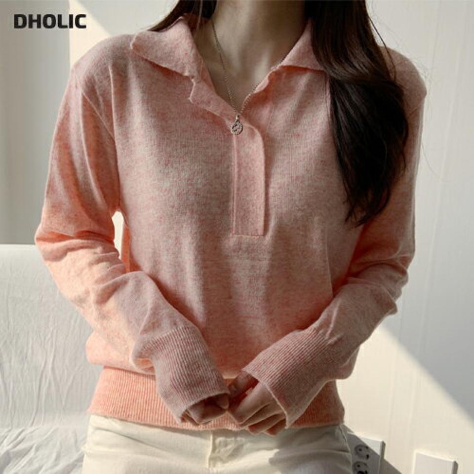 アルパカ混カラーネックニット・p000901 レディース 【tops】トップス ニット 長袖 カラーニット ピンク ポロ襟 アルパカ シンプル 単色 無地 カジュアル ラフ 大人 メランジカラー 秋 冬 韓国ファッション MKT