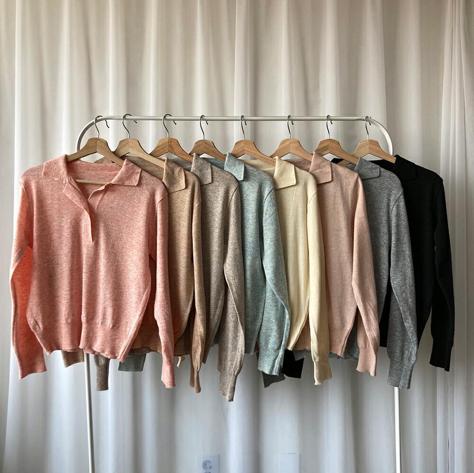 アルパカ混カラーネックニット・p000901 レディース 【tops】トップス ニット 長袖 カラーニット ピンク ポロ襟 アルパカ シンプル 単色 無地 カジュアル ラフ 大人 メランジカラー 秋 冬 韓国ファッション MKT