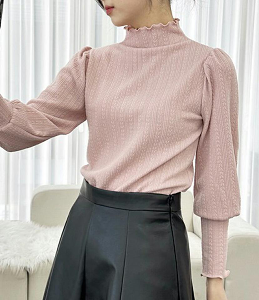 メロウパターンパフTシャツ・p000900 レディース 【tops】トップス Tシャツ 長袖 ロンT パフスリーブ メロウ 単色 無地 シンプル ハーフネック かわいい 可愛い 大人 ガーリー 秋 冬 韓国ファッション MKT