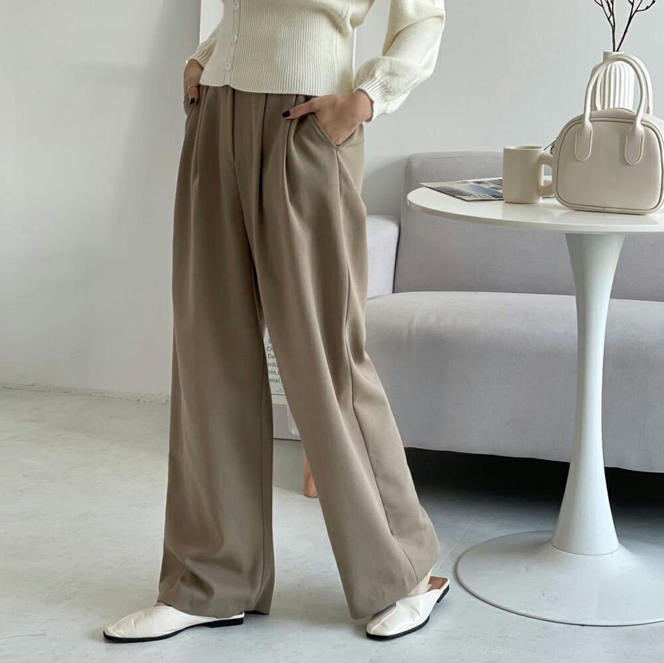 ウール混バックゴムタックスラックス・p000883 レディース 【pt】パンツ ズボン ロング丈 スラックス タック 単色 無地 シンプル ワイド オフィス カジュアル 秋 冬 韓国ファッション MKT