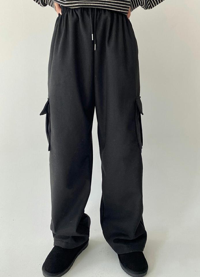 ウール混ドロストカーゴパンツ・p000935 レディース 【pt】パンツ ズボン ロング丈 ワイド ドロスト ウエストゴム フラップポケット ウール 単色 無地 シンプル ベーシック ラフ カジュアル 秋 冬 韓国ファッション MKT