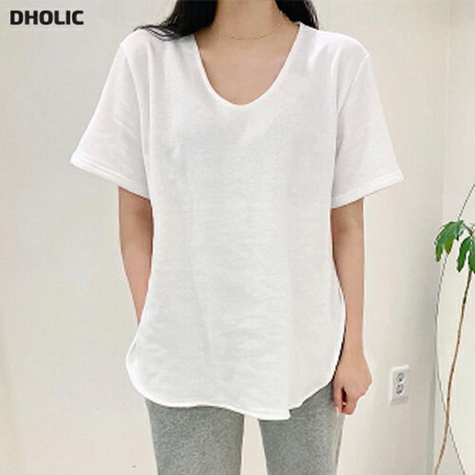 裏起毛UネックアンバランスTシャツ・p000912 レディース 【tops】トップス Tシャツ 半袖 ハーフスリーブ Uネック アンバランス 単色 無地 シンプル ベーシック カジュアル ラフ 裏起毛 大人 白T 春 秋 韓国ファッション MKT