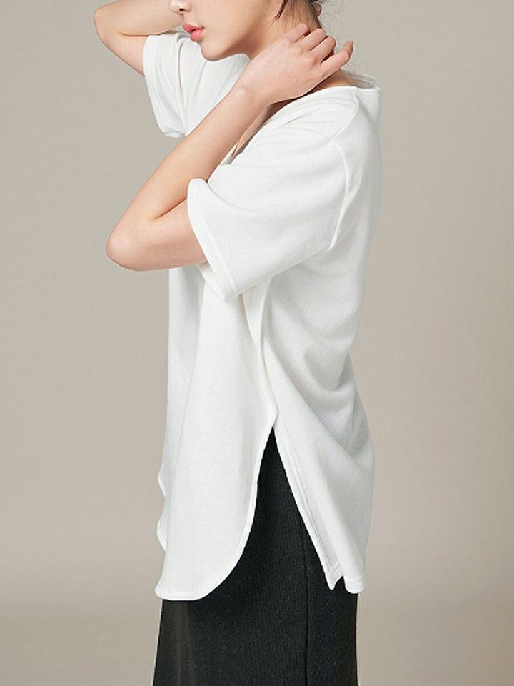 裏起毛UネックアンバランスTシャツ・p000912 レディース 【tops】トップス Tシャツ 半袖 ハーフスリーブ Uネック アンバランス 単色 無地 シンプル ベーシック カジュアル ラフ 裏起毛 大人 白T 春 秋 韓国ファッション MKT