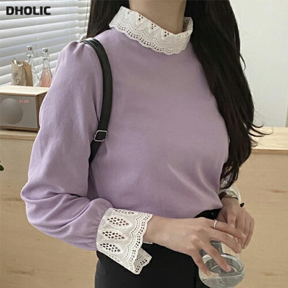 レースヘムパフTシャツ・p000872 レディース 【tops】トップス Tシャツ 長袖 パフスリーブ レース ハーフネック 袖コン フェミニン かわいい 可愛い 紫 パープル 大人 秋 冬 韓国ファッション MKT