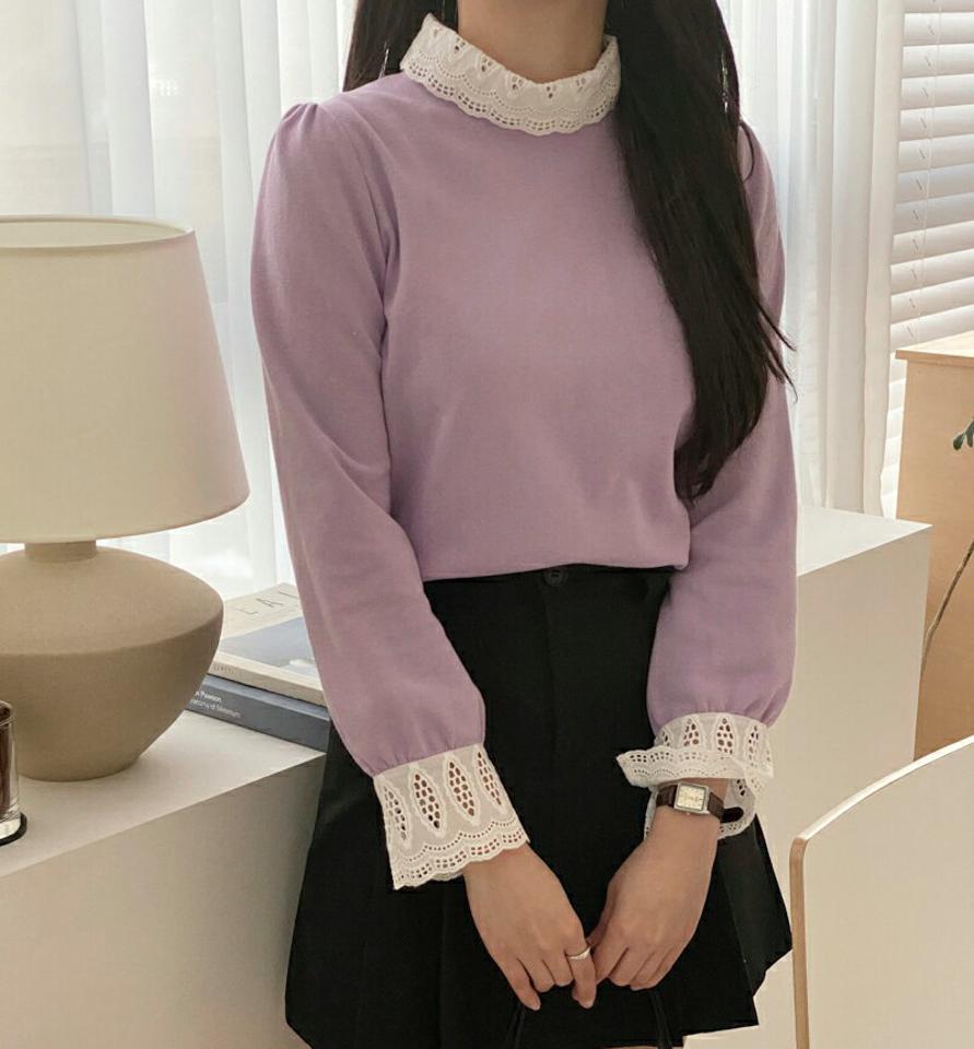 レースヘムパフTシャツ・p000872 レディース 【tops】トップス Tシャツ 長袖 パフスリーブ レース ハーフネック 袖コン フェミニン かわいい 可愛い 紫 パープル 大人 秋 冬 韓国ファッション MKT