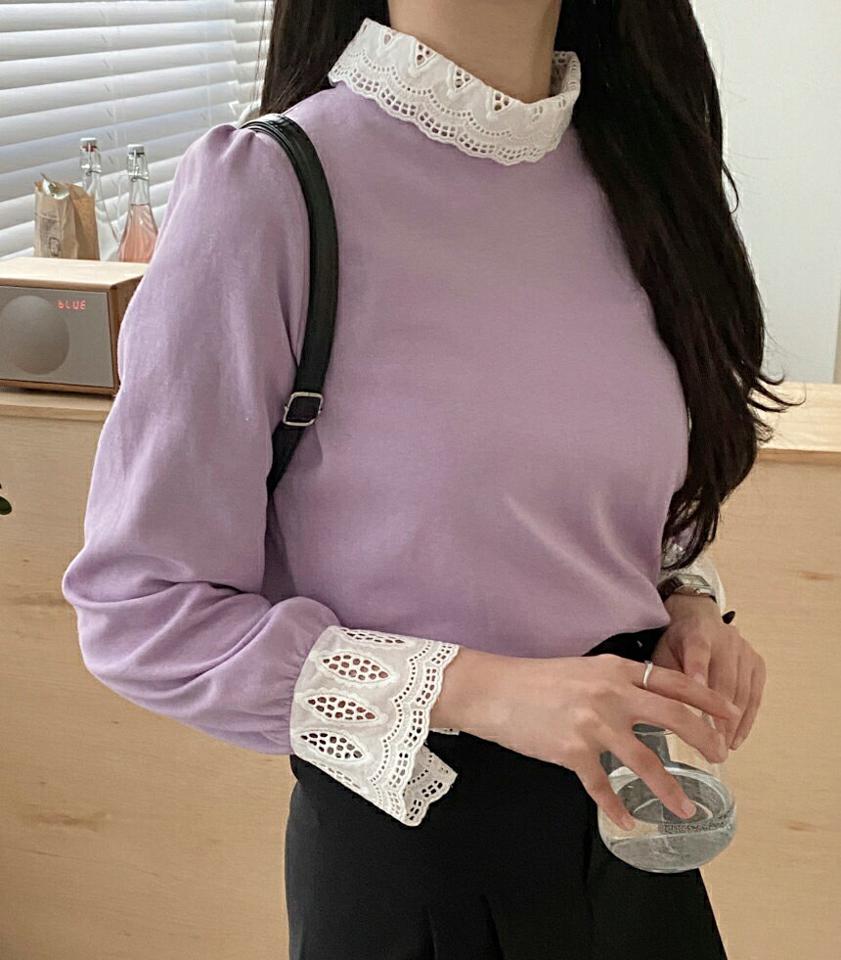 レースヘムパフTシャツ・p000872 レディース 【tops】トップス Tシャツ 長袖 パフスリーブ レース ハーフネック 袖コン フェミニン かわいい 可愛い 紫 パープル 大人 秋 冬 韓国ファッション MKT