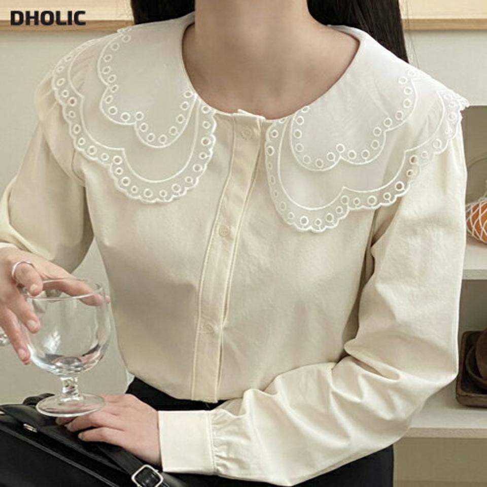 【マケット特価】刺繍シアーカラーブラウス・p000871 レディース 【bl】トップス ブラウス 長袖 透け感 シアー シースルー 大きい襟 刺繍 フェミニン かわいい 可愛い ガーリー 単色 無地 大人 秋 冬 韓国ファッション MKT セール