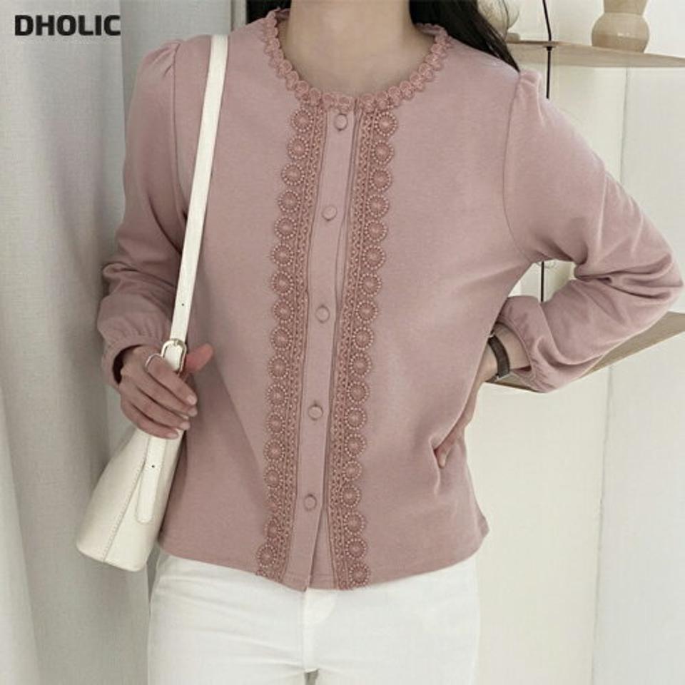 サークルレースパフブラウス・p000870 レディース 【bl】トップス ブラウス 長袖 パフスリーブ レース ラウンドネック フェミニン かわいい 可愛い 大人 清楚 ピンク 秋 冬 韓国ファッション MKT